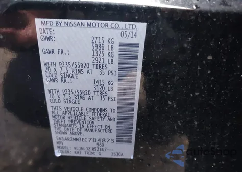 2014 Nissan Pathfinder Platinum from USA, damaged, VIN 5N1AR2MM3EC704875